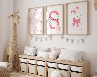 Personalized Pink Bow and Bunny Wall Art – Watercolor Rabbit Nursery Decor – Custom Name Bunny Print Set for Girls - Pink Nursery Decor Art