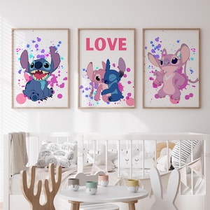 Set di decorazioni murali per la cameretta dei bambini Lilo & Stitch / Stampe divertenti e colorate in 3 pezzi per la cameretta delle bambine / Adorabile decorazione per la cameretta dei bambini / Download digitale immediato