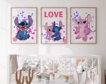 Lilo & Stitch Nursery Wall Art Set | Fun and Colorful 3-Piece Prints for Girls Room | Adorable Kids Room Decor | Instant Digital Download