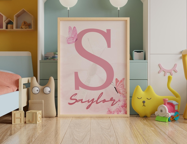 Custom name butterfly wall art in sweet pastel pink.