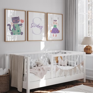 Purple Cat Nursery Wall Art, Personalized Girl Room Decor, Digital Cat Print Set of 3, Custom Name Wall Art for Baby Girl Room