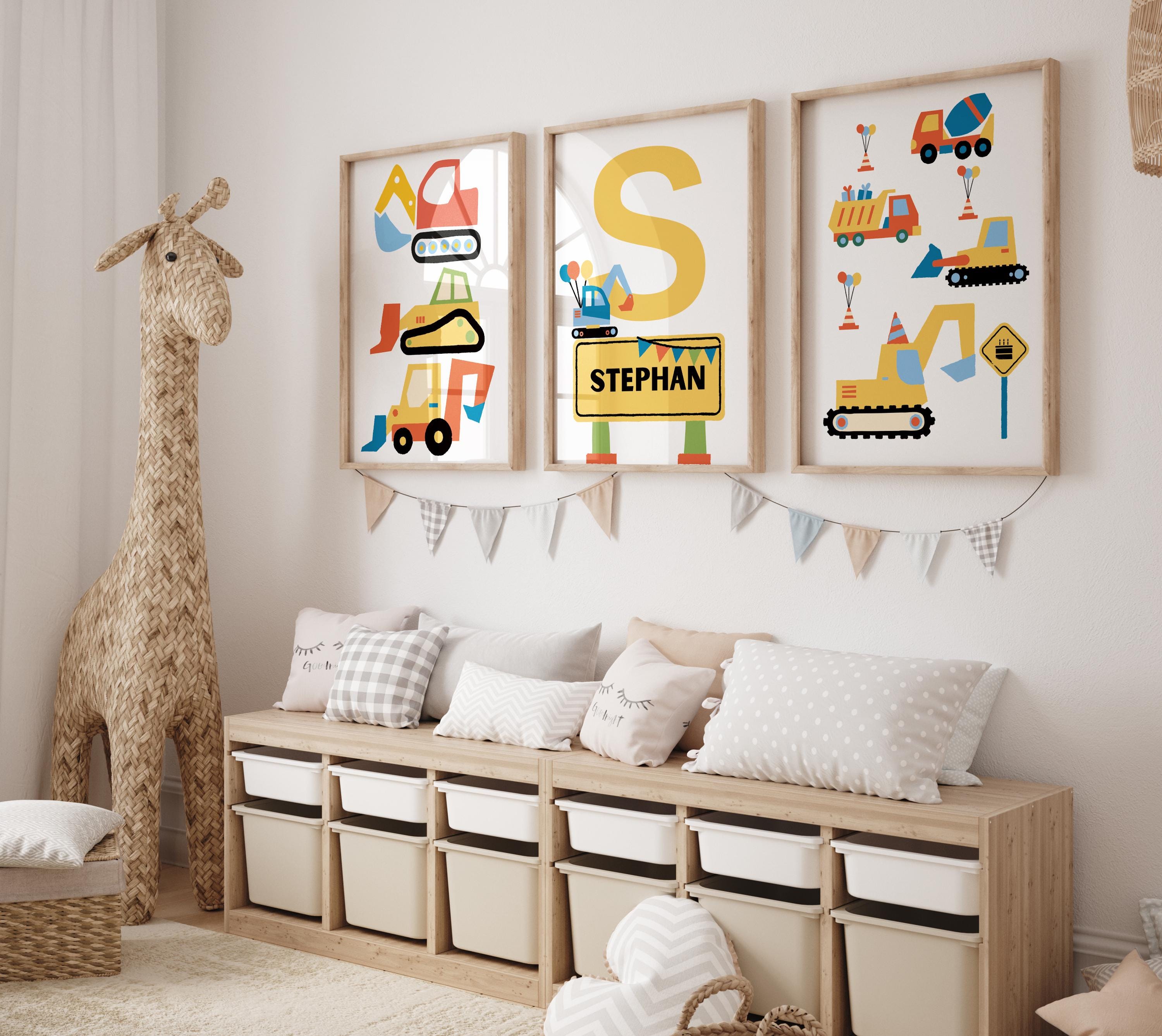Personalized Construction Truck Wall Art for Boys Room | Custom Name Excavator Decor | Set of 3 Prints | Boys Nursery Wall Art - Car Nursery