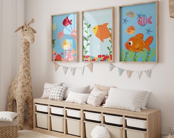 Zeedieren Oceaan kwekerij decor, set van 3, Sea Life kwekerij kunst aan de muur, onder de zee kwekerij prints, walvis print, zee thema, nautische kwekerij