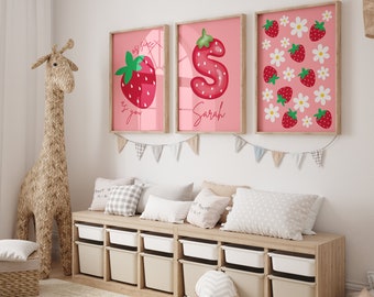Personalized Strawberry Pink Nursery Decor Set for Girls - 3 Pieces Including Customizable Name Wall Art - Cute and Colorful Room Decoration