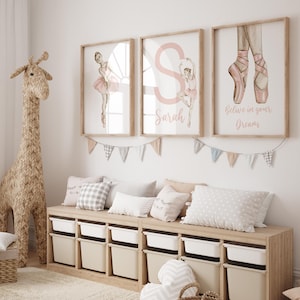 Personalized Ballerina Wall Art Set – Custom Name, Pink Ballet Nursery Decor – 3 Piece Print Set - Set of 3 Ballerina Nursery Decor - Pink