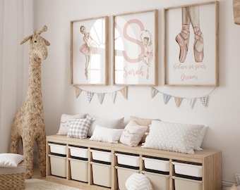 Personalized Ballerina Wall Art Set – Custom Name, Pink Ballet Nursery Decor – 3 Piece Print Set - Set of 3 Ballerina Nursery Decor - Pink