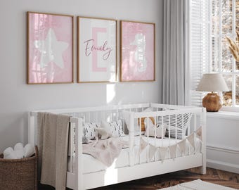 Personalized Starfish Seahorse Wall Art • Pink Ocean Nursery Prints • 3 Piece Girl Room Decor • Custom Name Printable Set