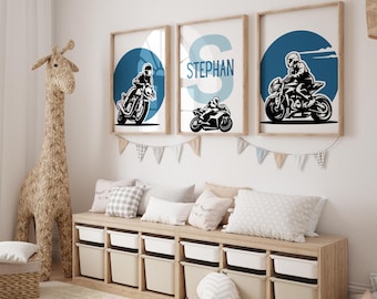 Motorcycle-Themed Wall Art for Boys Room, Set of 3 Custom Name Prints, Blue Background Biker Decor for Kids Bedroom or Nursery, Blue Nursery