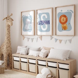 Personalized Elephant and Lion Wall Art Set – Blue Safari Nursery Decor for Boys – Custom Jungle Animal Prints - Set of 3 Safari Animal Art
