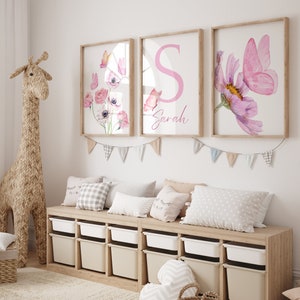 Juego de 3 mariposas florales de acuarela para guardería - Decoración personalizada para habitación de bebé niña - Arte de pared de mariposas - Decoración rosa para habitación de bebé - Impresión digital