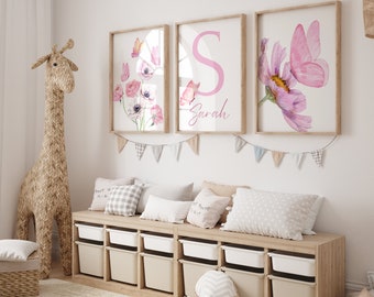 Set of 3 Watercolor Floral Butterfly Nursery - Custom Name Babygirl Nursery Decor - Butterfly Wall Art - Pink Nursery Decor - Digital Print