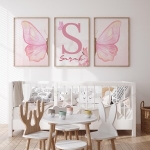 Personalized butterfly wall art set, custom name nursery decor for girls room, pastel butterfly theme printable, 3-piece digital design
