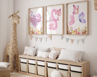 Decoración personalizada de la guardería de mariposas - Conjunto de 3 decoración de la habitación de las niñas mariposas - Regalo de babyshower de mariposas - Impresión de mariposas con nombre personalizado