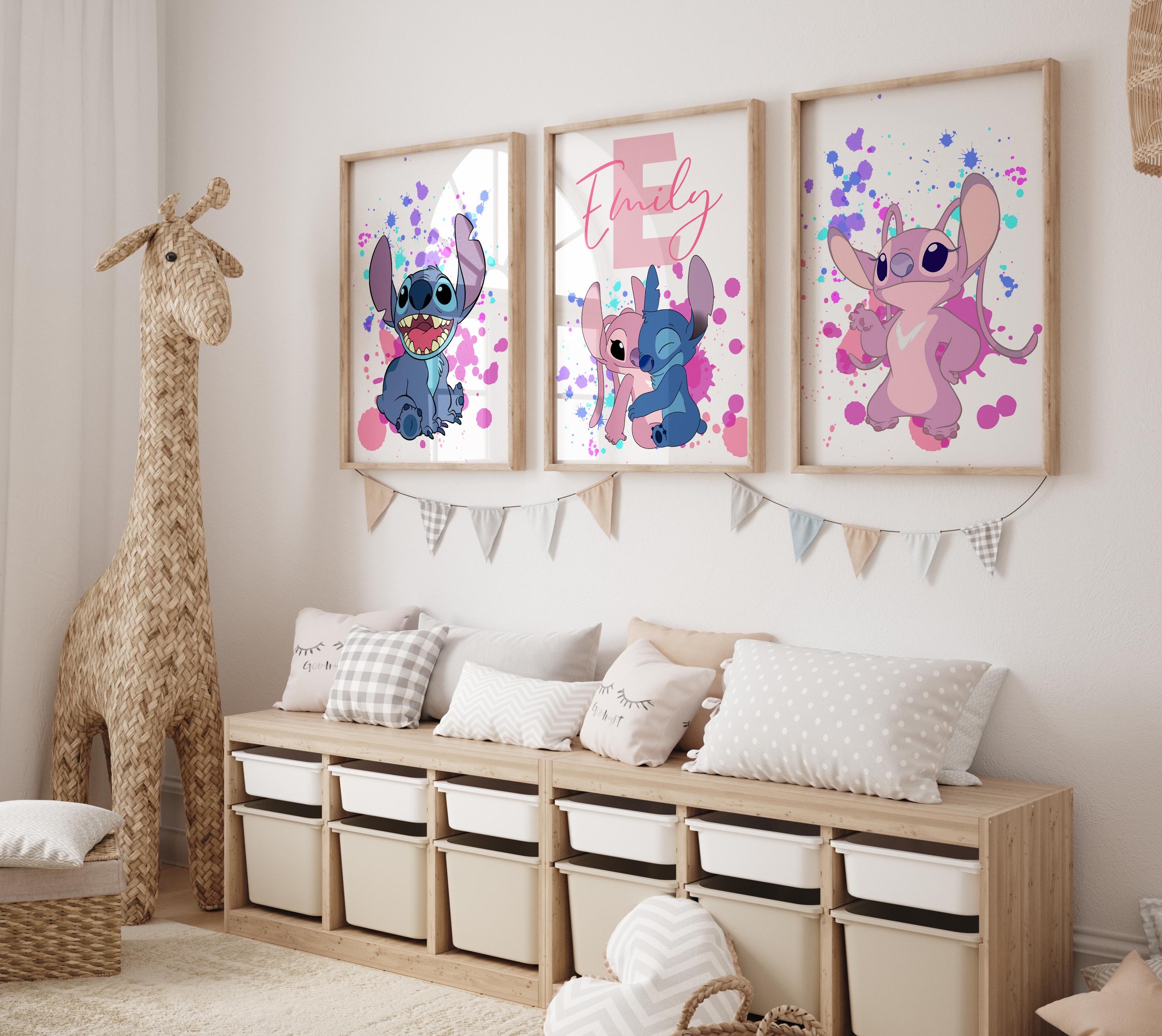 Custom Lilo & Stitch Nursery Wall Art | Personalized Girls Room Decor Set of 3 | Name Wall Prints - Lilo and Stitch Nursery Decor - Pink Art