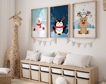 Set of 3 Winter Animals Nursery Decor, Winter Penguin Nursery,Winter Bear Nursery, Christmas Nursery Decor,Penguin Wall Art, Baby Boy Nurser