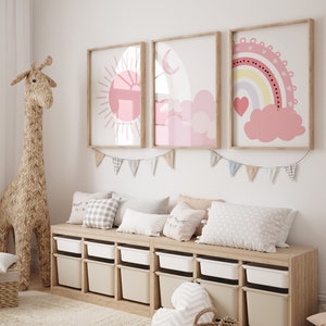 Boho Kinderzimmer Rosa Prints 3er Set, Sonne Regenbogen Mond Baby Zimmer Poster, Kunst Kinderzimmer Dekor, abstrakte Kunst Drucke, digital druckbare Kunst