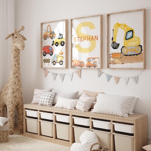 Personalized Watercolor Construction Vehicle Nursery Art | Boys Room Decor with Excavator, Dump Truck & Crane | Custom Name Construction