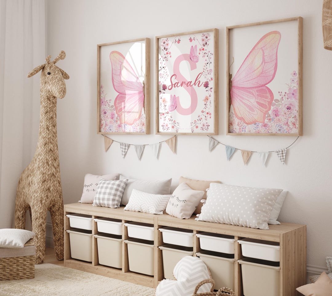 Pink Butterfly Nursery Wall Art for Girls, Custom Name Printable Set of ...