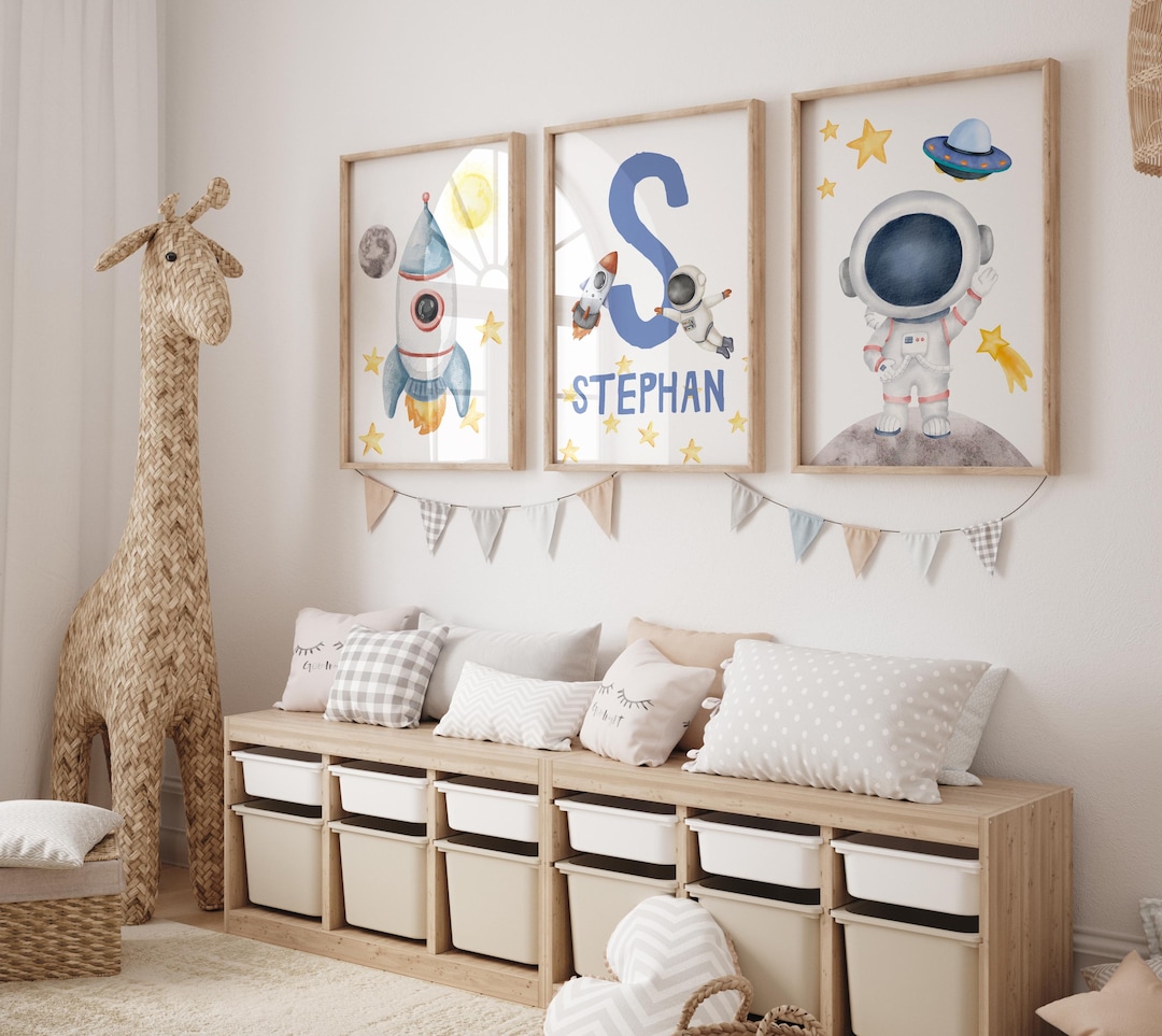 Astronaut and Rocket Wall Art Set for Boys Room, Personalized Space ...