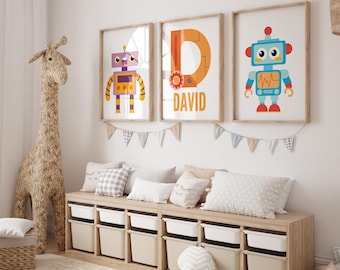 ロボットをテーマにした男の子の部屋用ウォールアート - 未来的なタッチのパーソナライズされたデジタルプリント - 青いロボットデザイン 3 枚セット - Orange Nursery
