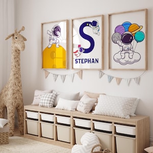Personalized Astronaut & Planet Wall Art | Boys Room Decor Set of 3 | Custom Name Space Theme Nursery Prints - Set of 3 Astronaut Nursery