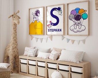 Personalized Astronaut & Planet Wall Art | Boys Room Decor Set of 3 | Custom Name Space Theme Nursery Prints - Set of 3 Astronaut Nursery