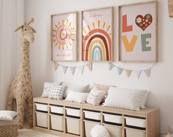 Boho Rainbow Set of 3 Nursery prints, Girl Nursery wall art, Nursery decor, Affirmation wall prints, Rainbow Sun Print, Boho nursery decor
