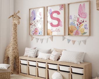 Personalized Watercolor Butterfly Digital Print, Custom Name Flower Nursery Digital Print, Nursery Digital Print, Set of 3 Butterfly Nursery