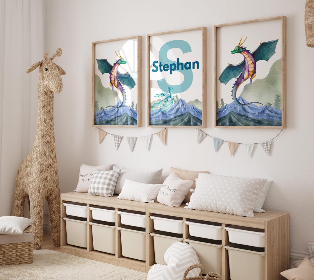 Personalized Blue Dragon Wall Art Set for Boys – 3-piece Fantasy Theme ...