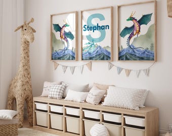 Conjunto de arte de parede de dragão azul personalizado para meninos – tema de fantasia de 3 peças | Decoração de berçário personalizada para crianças - Decoração de berçário azul - Berçário de dragão
