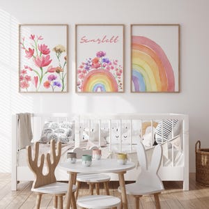 Pastel rainbow and floral wall art for cozy nursery spaces