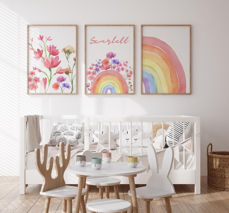 Pastel rainbow and floral wall art for cozy nursery spaces