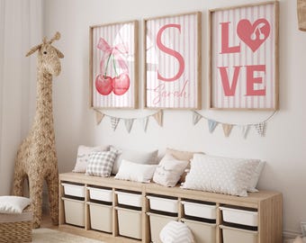 Custom Cherry Blossom Pink Wall Art Set for Girls Room - Personalized Name Decor, Nursery Wall Prints, Toddler Bedroom Decoration - Digital