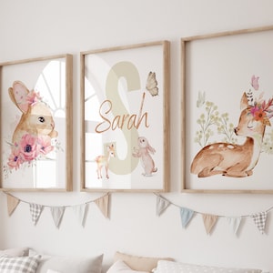 Arte personalizada para berçário de animais Safari Blush / Conjunto de 3 estampas de berçário Safari / Para impressão / Decoração de berçário de flores rosa / Berçário de bebê menina