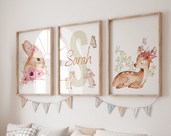 Personalized Blush Safari Animal Nursery Art / Set of 3 Safari Nursery Prints / Printable / Pink Flower Nursery Decor / Baby Girl Nursery