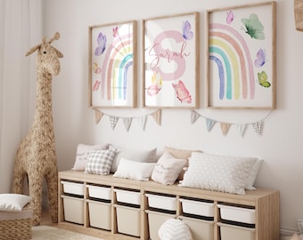 Personalized Watercolor Rainbow & Butterfly Nursery Wall Art | Set of 3 Prints | Custom Name Decor for Girls Room - Butterfly Nursery Decor