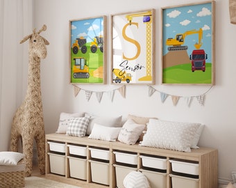 Construction Vehicles Nursery Decor Set of 3 - Excavator Truck Crane Wall Art Prints for Boys Room - Digital Download, Instant Print Nursery