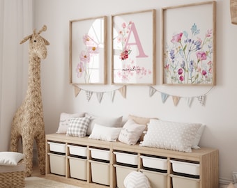 Floral Baby Name Print Nursery Initial Print With Girls Name Print Pink Boho Floral Print For Baby Girl Nursery Wall Art Pink Nursery
