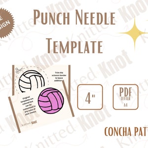 Könnte beinhalten: Eine druckbare Vorlage für ein 10 cm großes Punch-Needle-Muster. Die Vorlage zeigt einen weißen und schwarzen Volleyball sowie einen rosafarbenen Volleyball. Der Text "CONCHA PATTERN" befindet sich am unteren Rand der Vorlage.