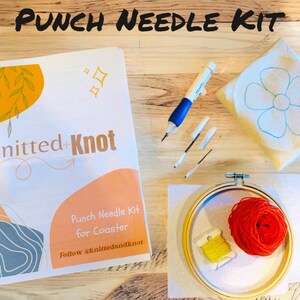 May include: Punch needle kit for making a coaster. The kit includes a punch needle, embroidery hoop, yarn, and instructions. The instructions say "Knitted + Knot" and "Follow @knittedandknot".