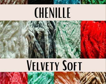 May include: A collection of yarn in various colors and textures, including chenille, velvety soft, and chunky bulky. The yarn is arranged in rows with the type of yarn labeled below each row.