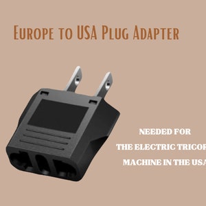 Puede incluir: Adaptador de enchufe de plástico negro para convertir enchufes europeos a enchufes estadounidenses. El adaptador está etiquetado como "Necesario para la máquina eléctrica tricord en los Estados Unidos".