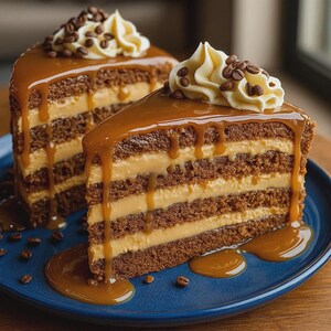 Könnte beinhalten: Zwei Stücke Schichtkuchen mit Karamellsauce und Schlagsahne-Topping, garniert mit Kaffeebohnen. Der Kuchen liegt auf einem blauen Teller, wobei sich Karamellsauce um den Boden sammelt. Der Kuchen hat mehrere Schichten aus Kuchen und Creme.