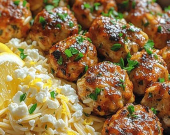 Greek Chicken Meatballs with Lemon Orzo Recipe (Digital Download)