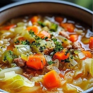 May include: A bowl of hearty cabbage soup with carrots, onions, and herbs. The soup is a light brown color and has a thick consistency.