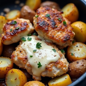 Ricetta di pollo e patate al parmigiano e aglio dorato – Cena facile in una padella – Pasto saporito per la famiglia – Scarica la ricetta digitale