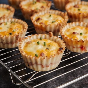 May include: A close-up shot of several mini quiches on a metal cooling rack. The quiches have a golden-brown crust and are filled with a creamy, cheesy mixture. Fresh chives are sprinkled on top. The quiches are a savory appetizer.