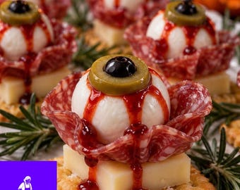 Rezept für Mozzarella-Rindersalami-Häppchen mit blutigem Augapfel-Motiv, Halloween-Vorspeise, druckbare PDF-Datei (digitaler Download)