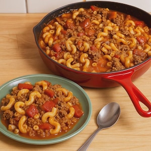 May include: A red cast iron skillet and a green plate filled with goulash. The goulash features elbow macaroni, ground meat, and diced tomatoes in a rich tomato sauce. A silver spoon rests on the wooden surface.