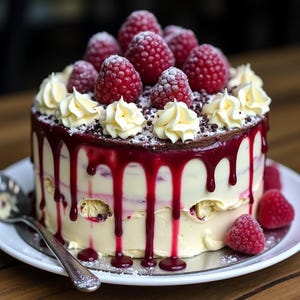 Könnte beinhalten: Ein runder Kuchen mit weißem Zuckerguss, belegt mit roten Himbeeren und einer dunklen Schokoladenbasis. Der Kuchen ist mit Sahnewirbeln und roten Himbeertropfen verziert. Ein silberner Löffel liegt auf dem Teller.